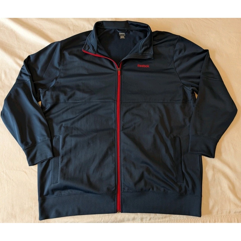 Reebok PlayDry‎ Track Jacket Men's 2XL TALL Navy Blue Red Accents Warm Up EUC